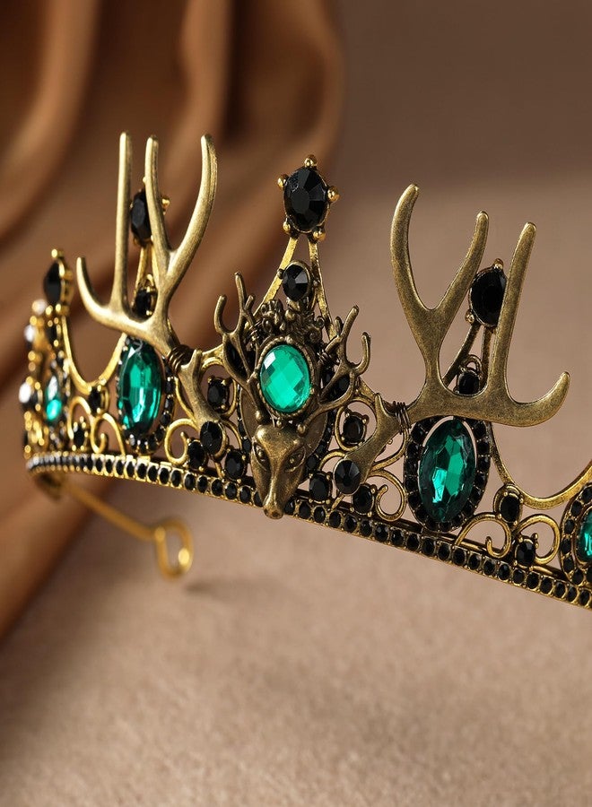 CoTeeZa Green Crown Emerald Headpiece for Women - Medieval Rhinestone Antler Crown Deer Horns Headband for Renaissance Halloween Cosplay Druid Costume Party Prom - Image 5